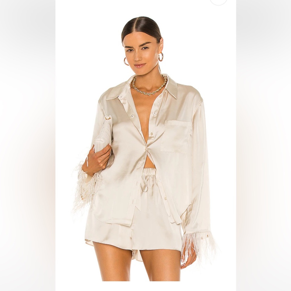 L'Academie Cream Satin Feather-Trim Button-Up Shirt